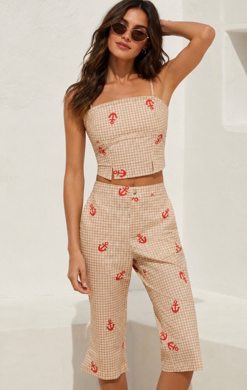Anthropologie Celandine Gingham Red Anchors Nautical Capri Pants Coastal Size XS